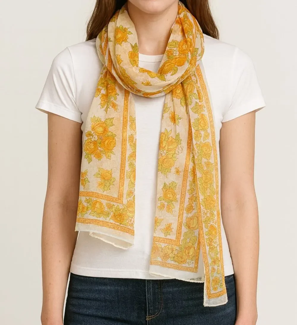 Glentex Vintage Made in Japan Yellow Floral Polyester Scarf Rectangle 13